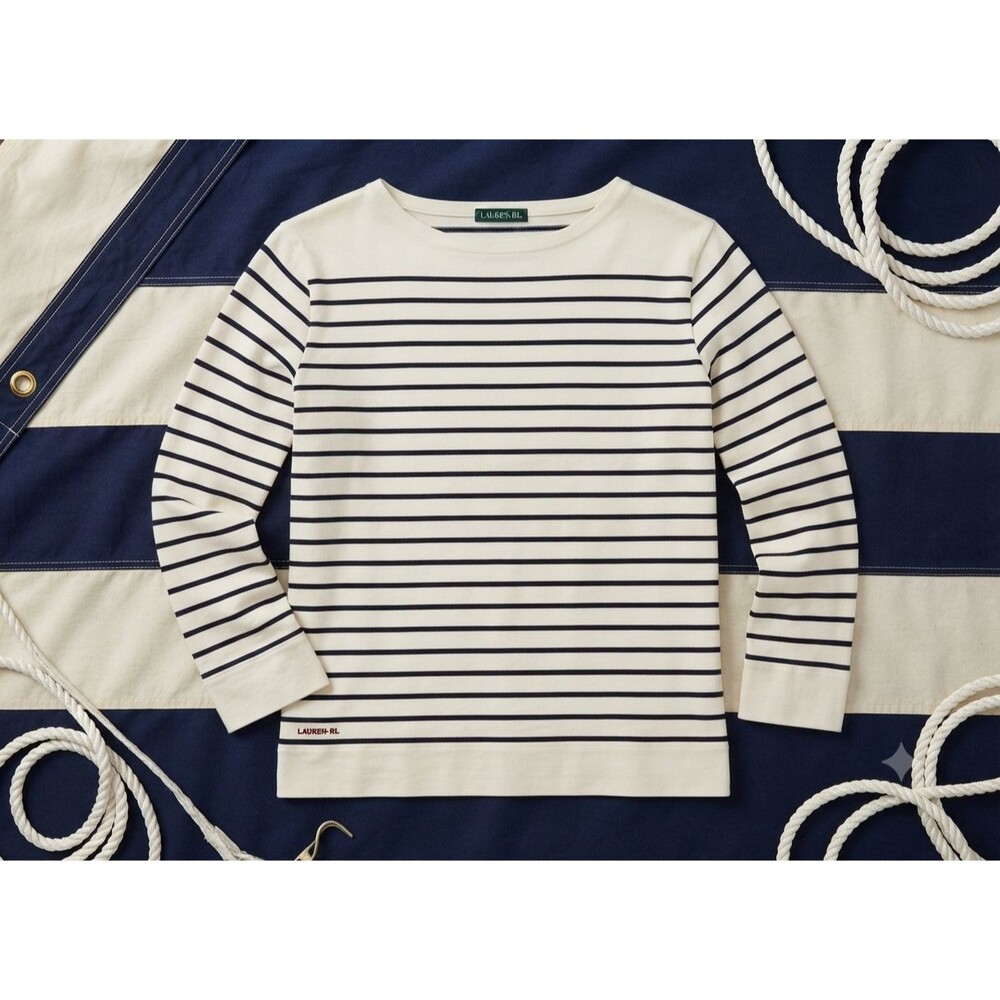 Lauren Ralph Lauren Women L Nautical Striped Boatneck Top Navy White Long Sleeve